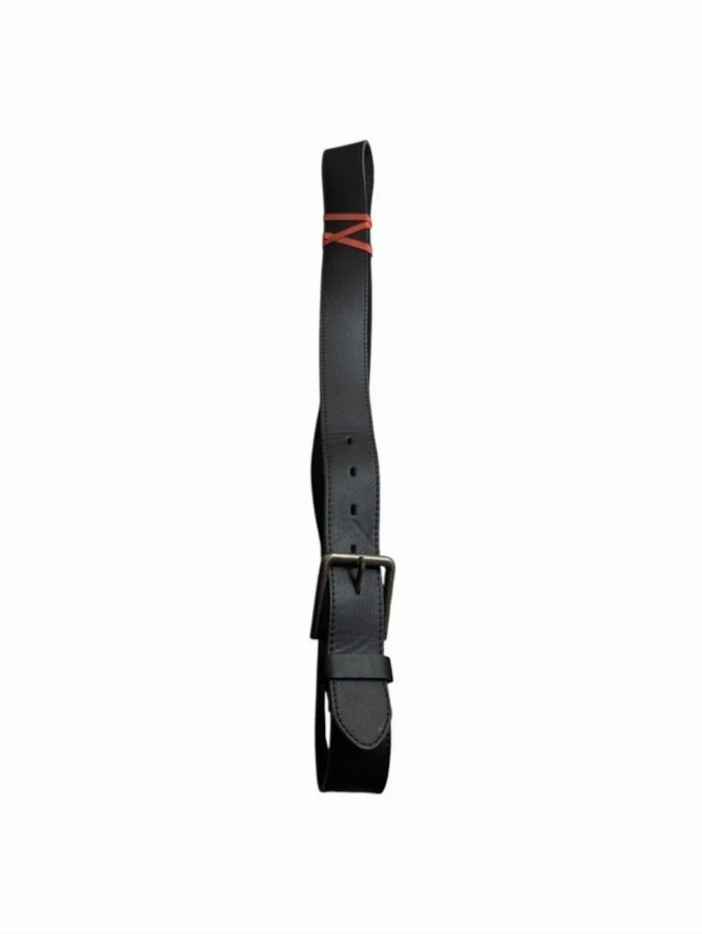 Source Unknown Black Leather Belt with Brass-Tone Buckle and Red Accent